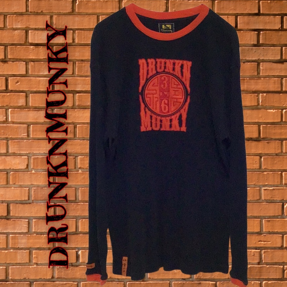 Drunknmunky Urban/Streetwear Long Sleeve Tee, Black & Orange,‎ Size Medium